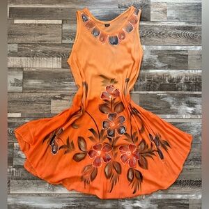 Hand Painted Orange Floral Mini Dress